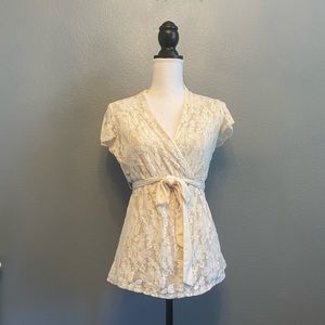 Alfani Cream/Ivory Faux Wrap Lace Blouse - M
